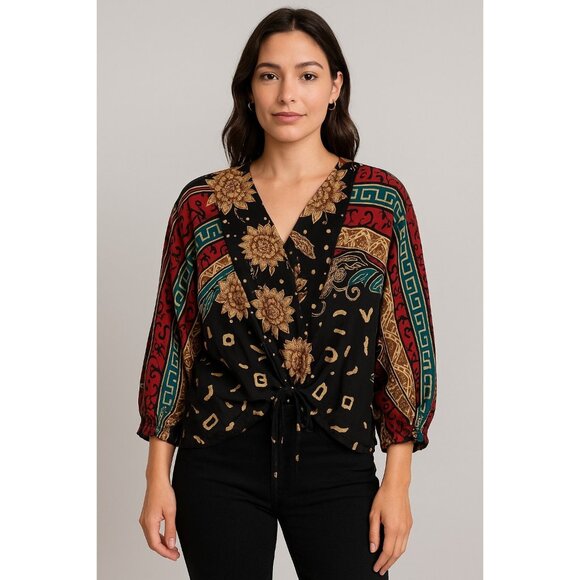 Carole Little Tops - Carole Little Vintage Boho Wrap Blouse Size 8 Floral Geometric Abstract Print